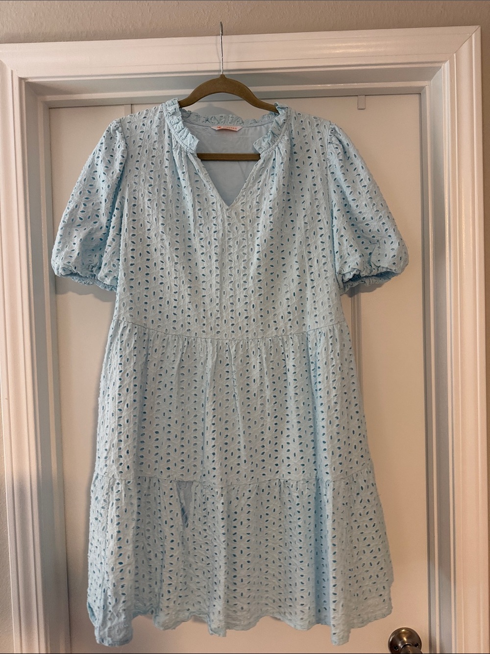 Light Blue Eyelet Tiered Mini Dress with Puff Sleeves